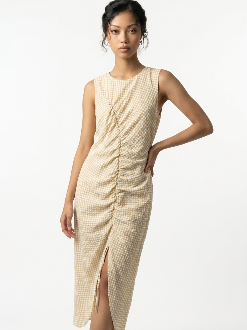 ANTHROPOLOGIE | MAEVE Sleeveless Ruched Midi Dress Beige Gingham Women’s Size 16
